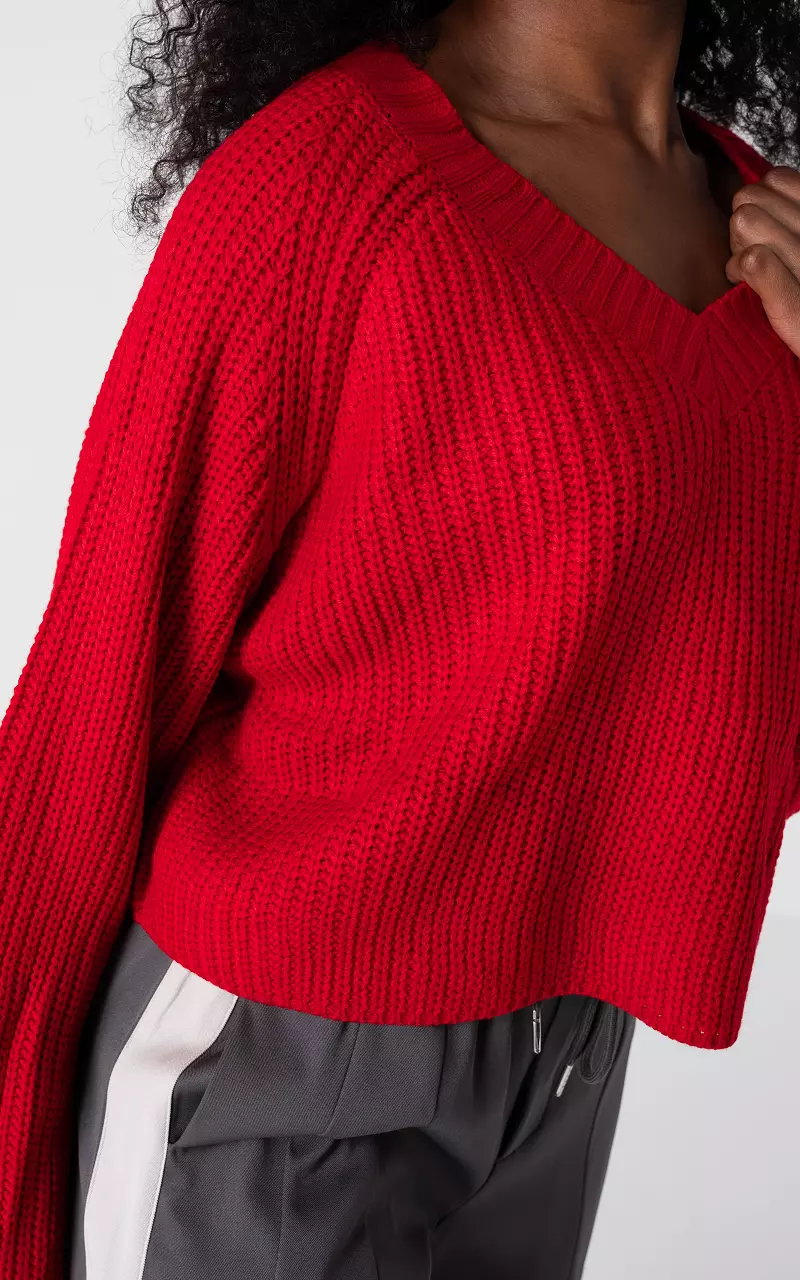 Grobstrick Pullover mit V-Ausschnitt Rot