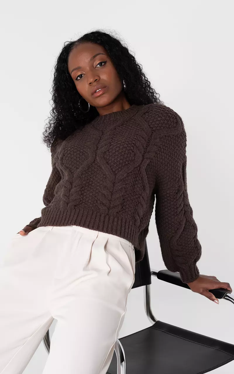 Knitted cable sweater with round neck Dark Brown