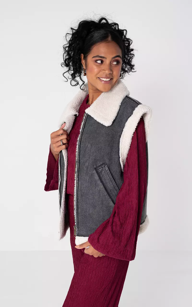 Spijkergilet met teddy voering Donkergrijs Creme