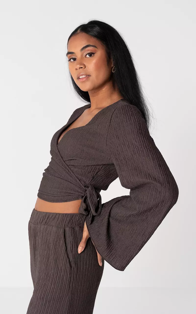 Wrapped top with v-neck and bow detail Dark Brown