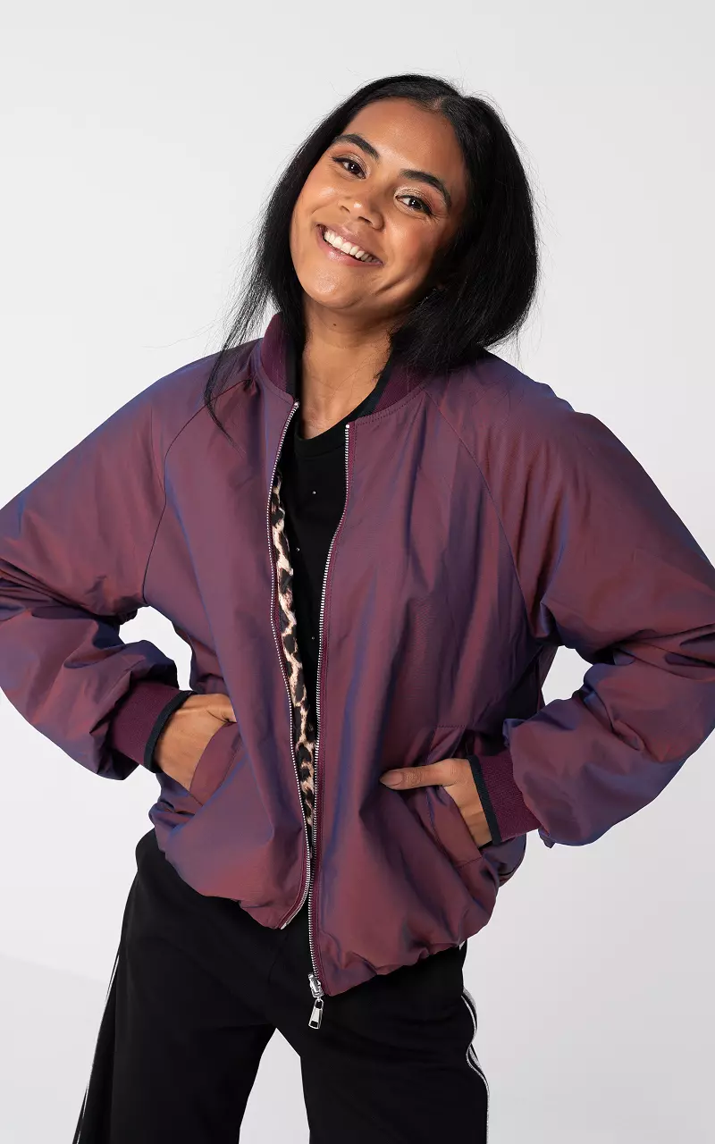 Reversible bomber jacket with two side pockets Bordeaux Leopard