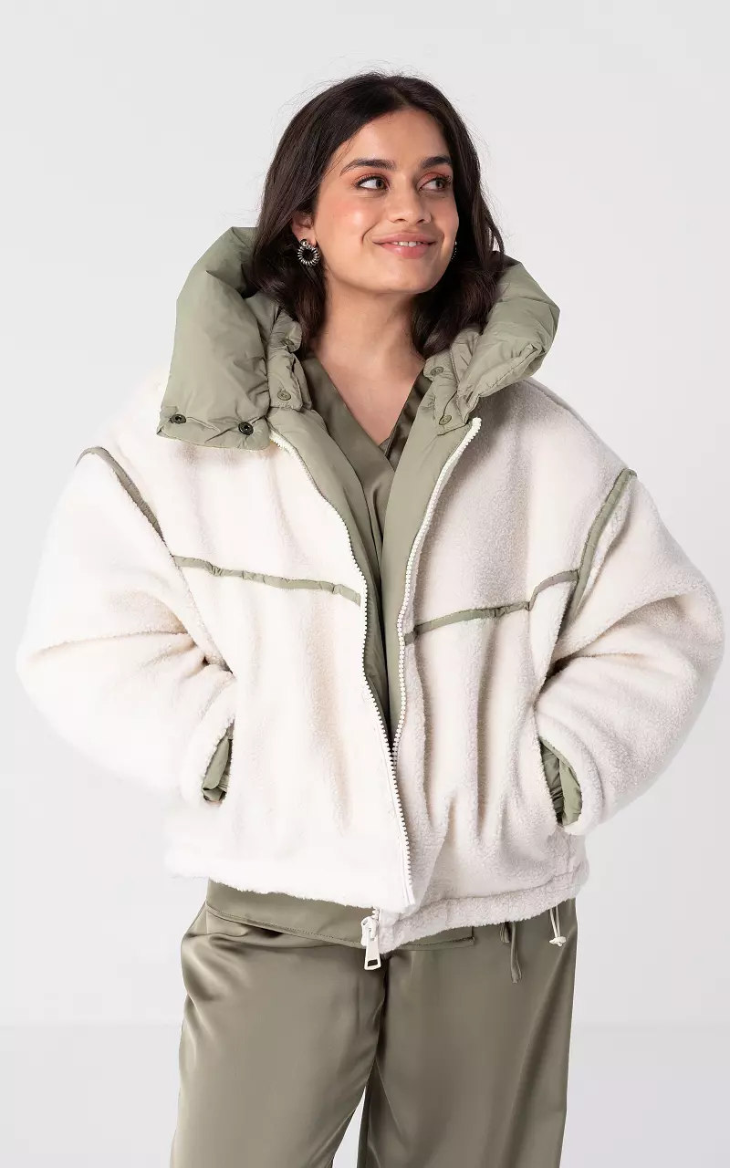 Teddy jacket with detachable hood Beige Green