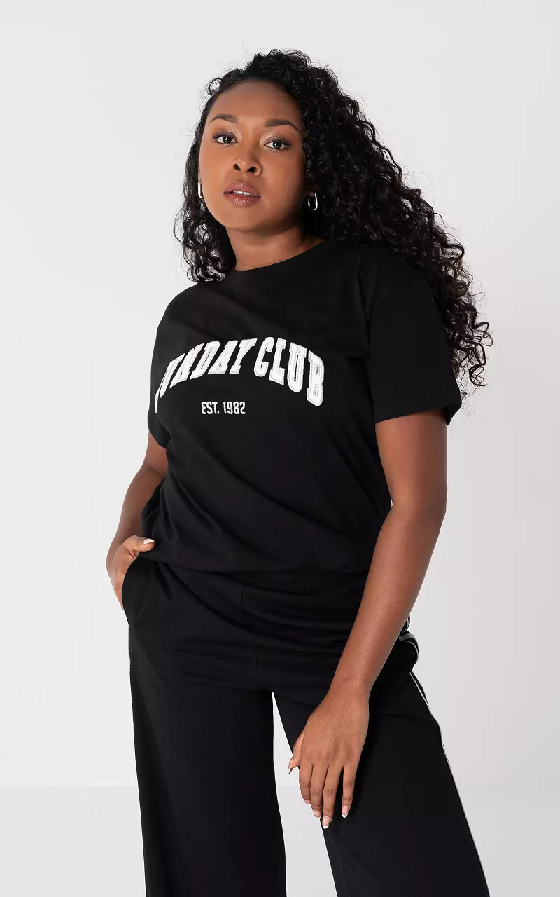 T-shirt met geborduurde tekst Zwart Wit