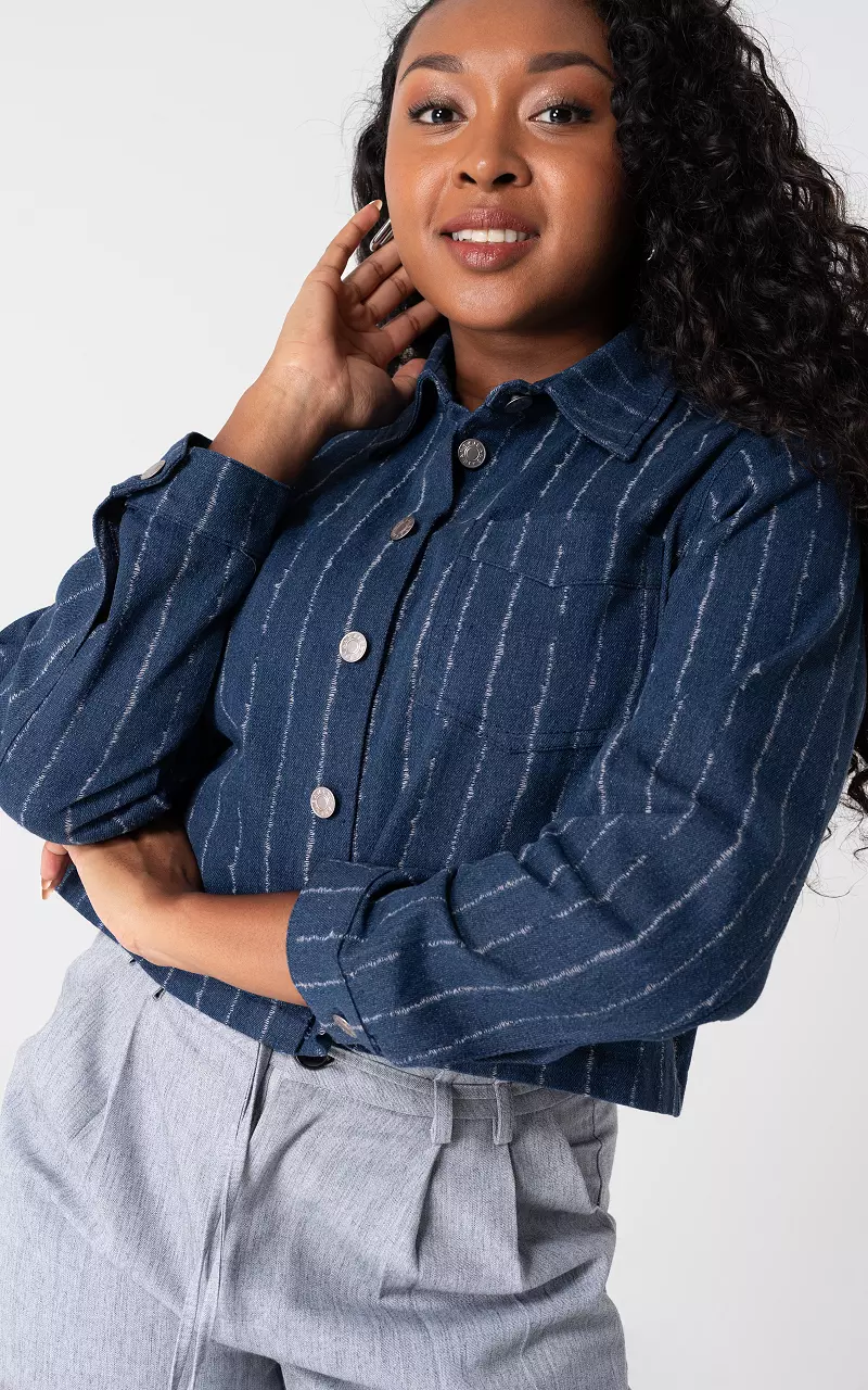 Cropped denim jacket with stripes Dark Blue White