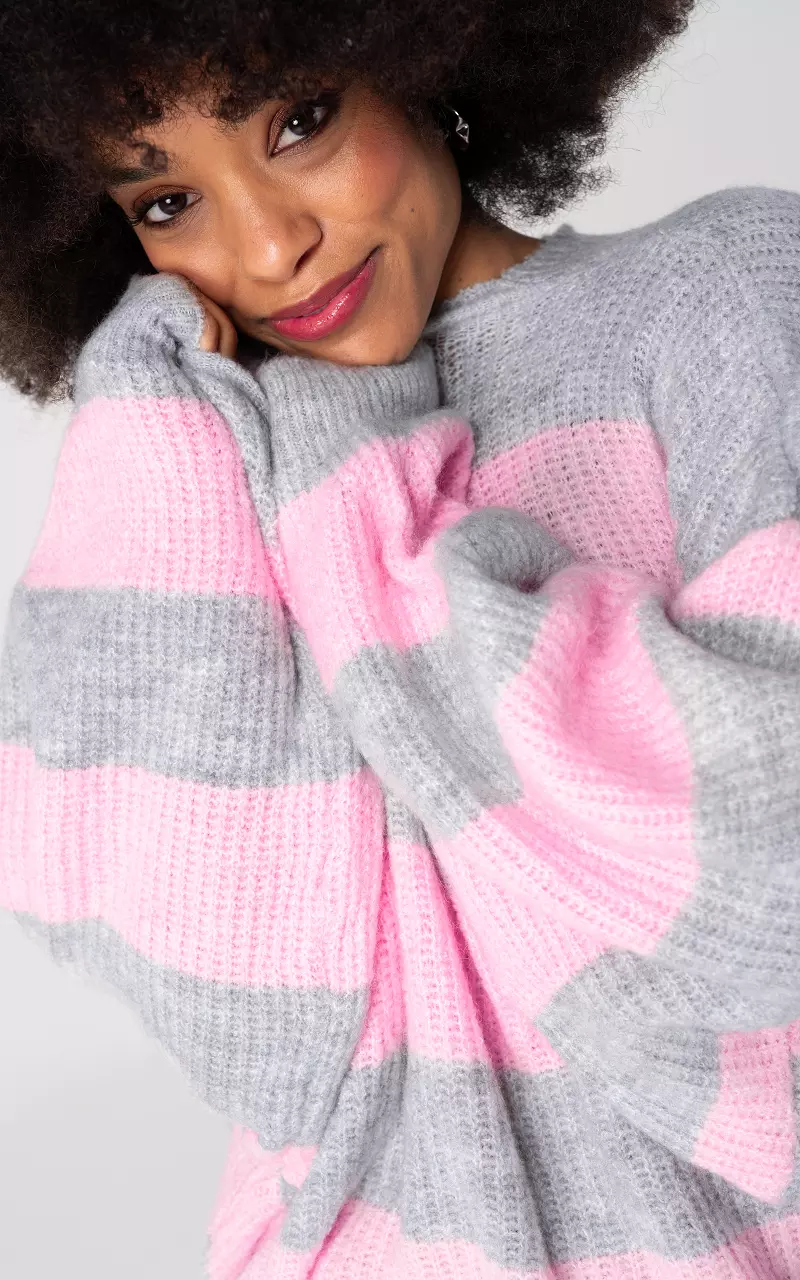 Oversized Pullover mit Streifenmuster Hellgrau Hellrosa