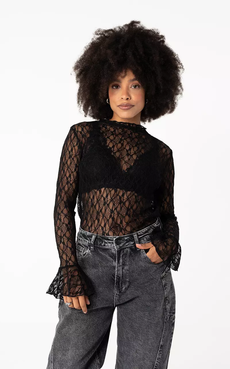 Laced top with flared sleeves Black