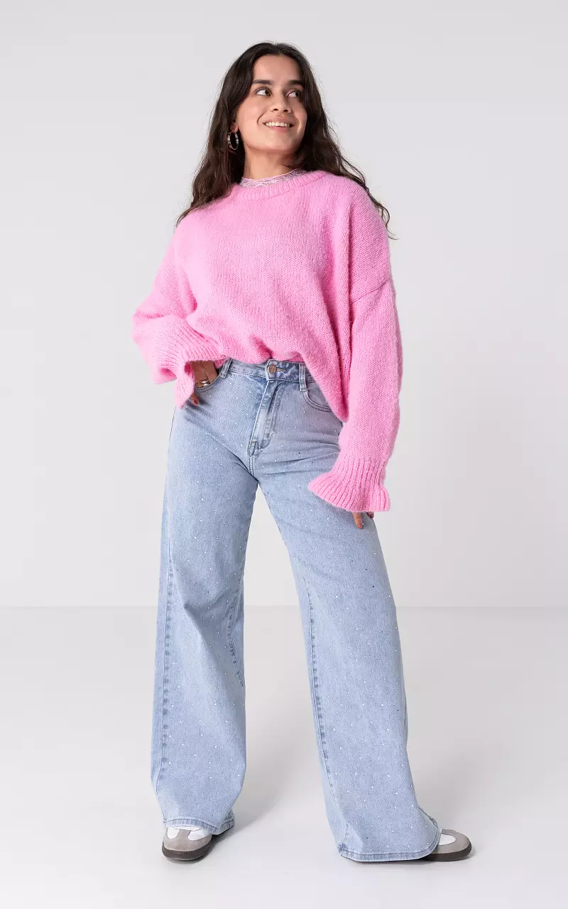 Wide Leg Jeans mit Strasssteinen Hellblau