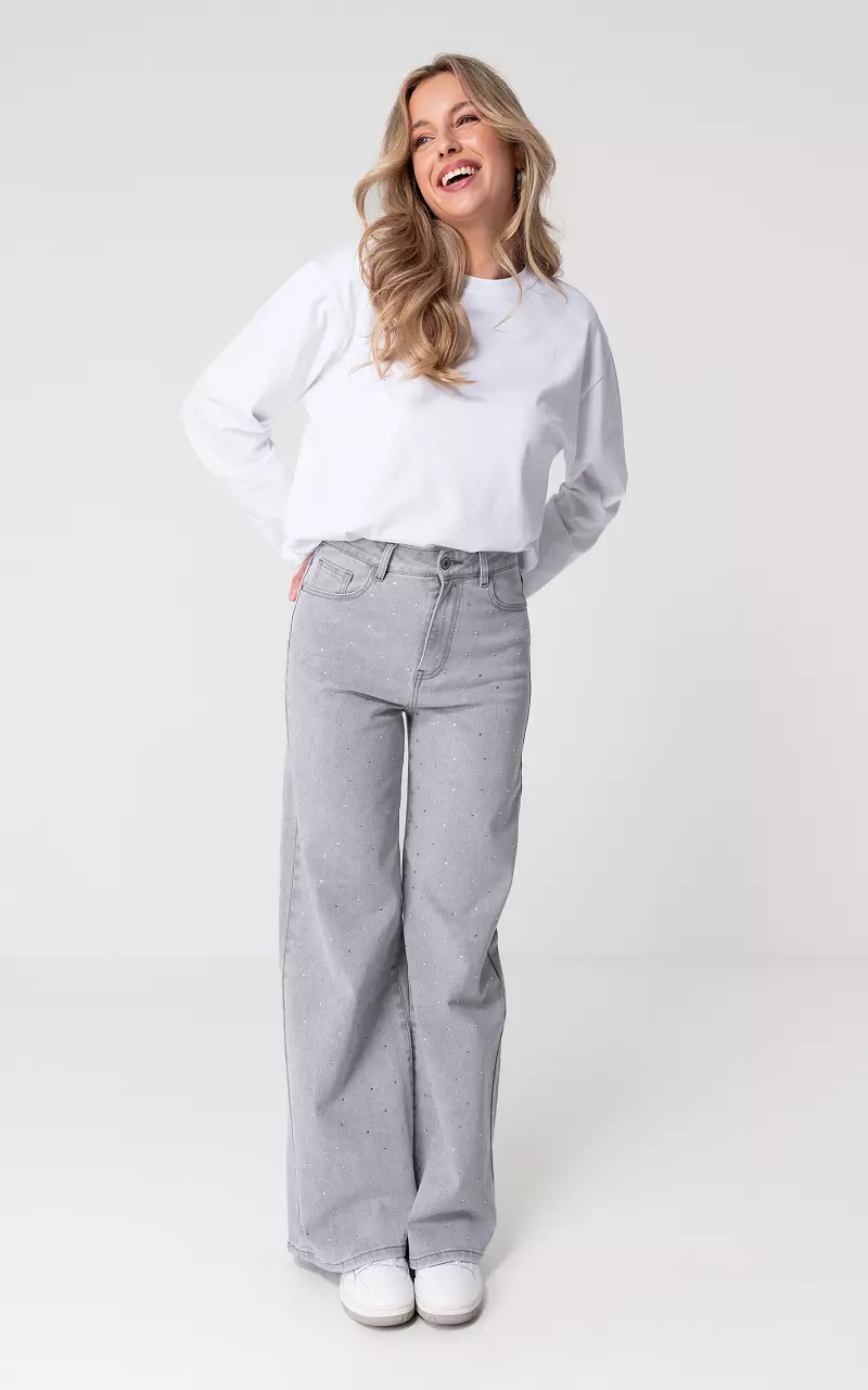 Wide leg jeans with rhinestones Light Grey