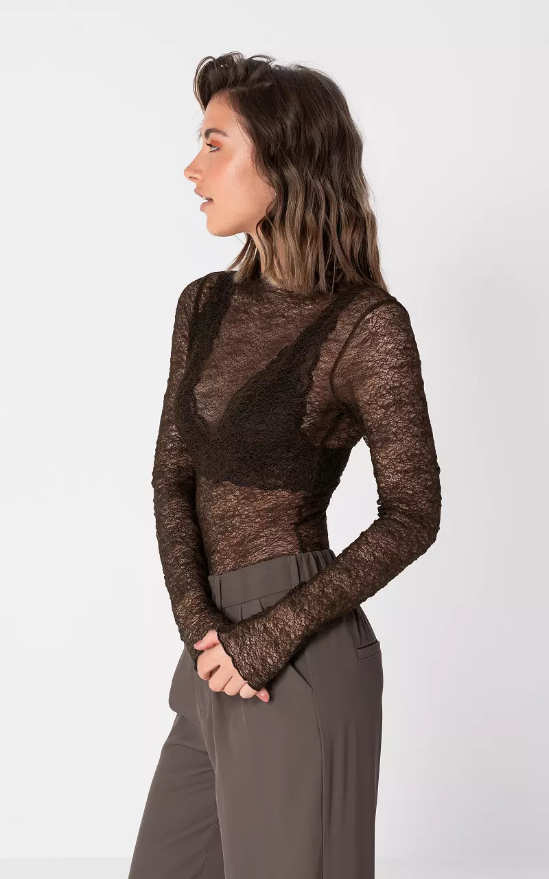See-through top with round neck Dark Brown