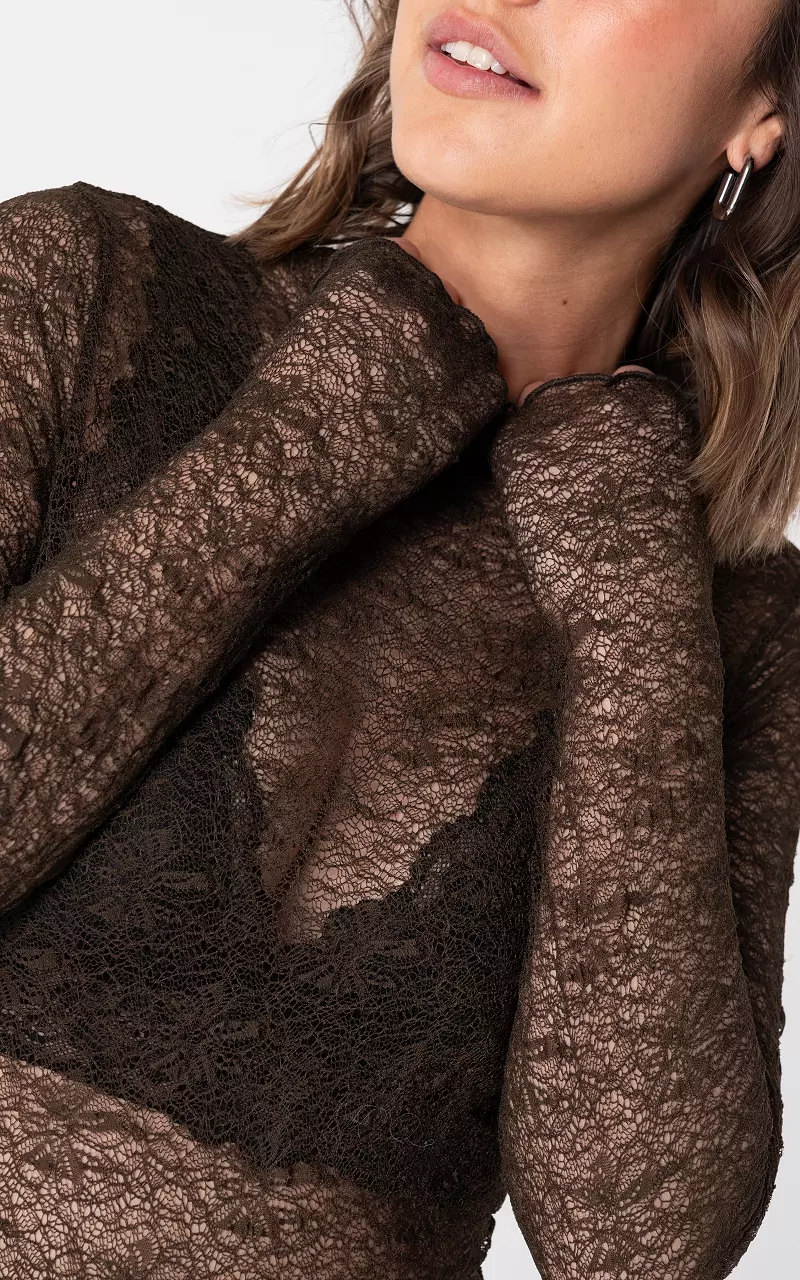 See-through top with round neck Dark Brown