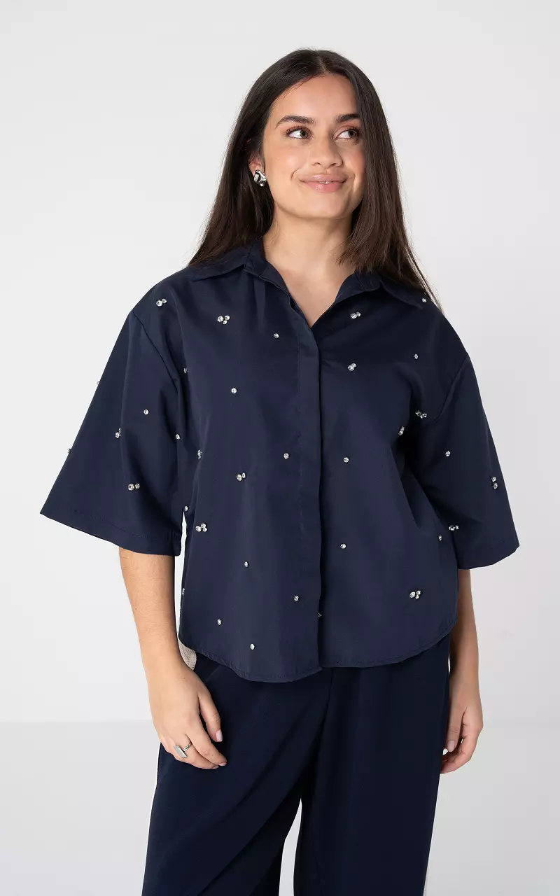 Bluse mit Steinchen Dunkelblau Silber