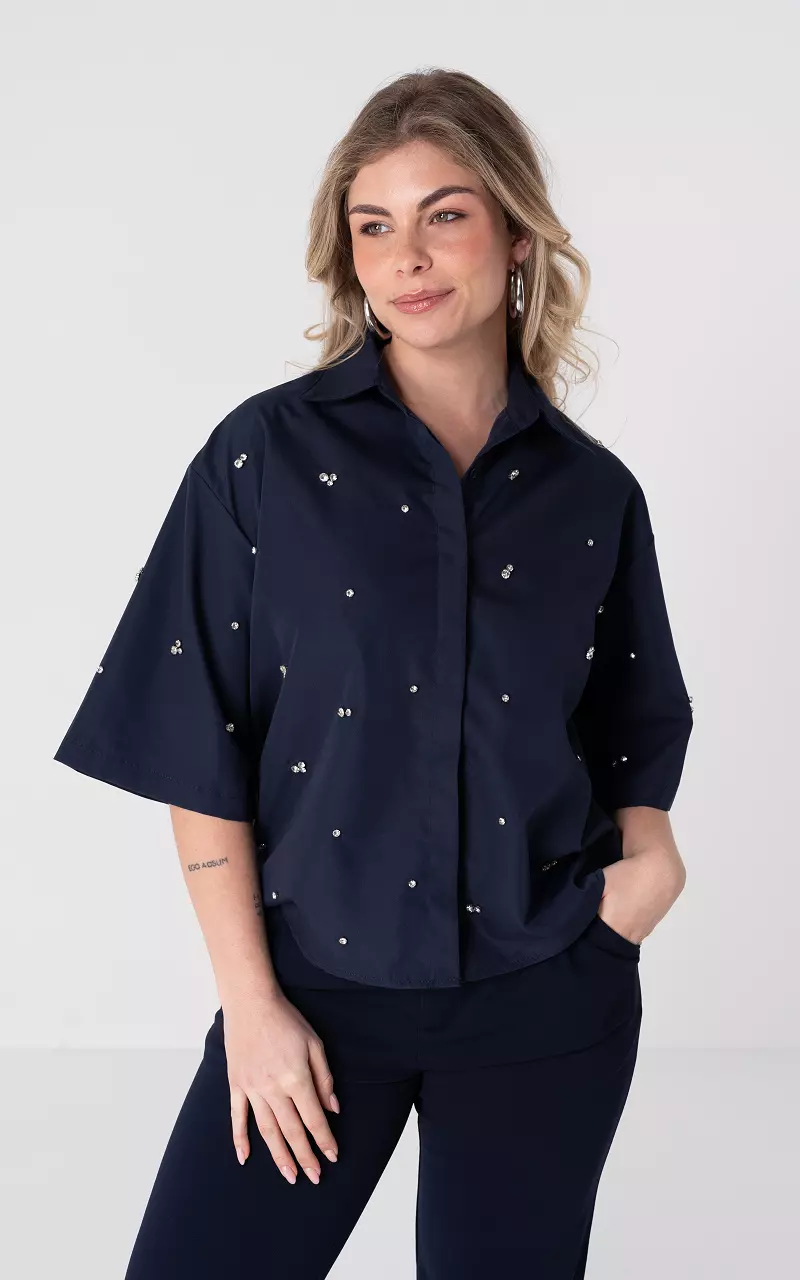 Blouse met steentjes Donkerblauw Zilver