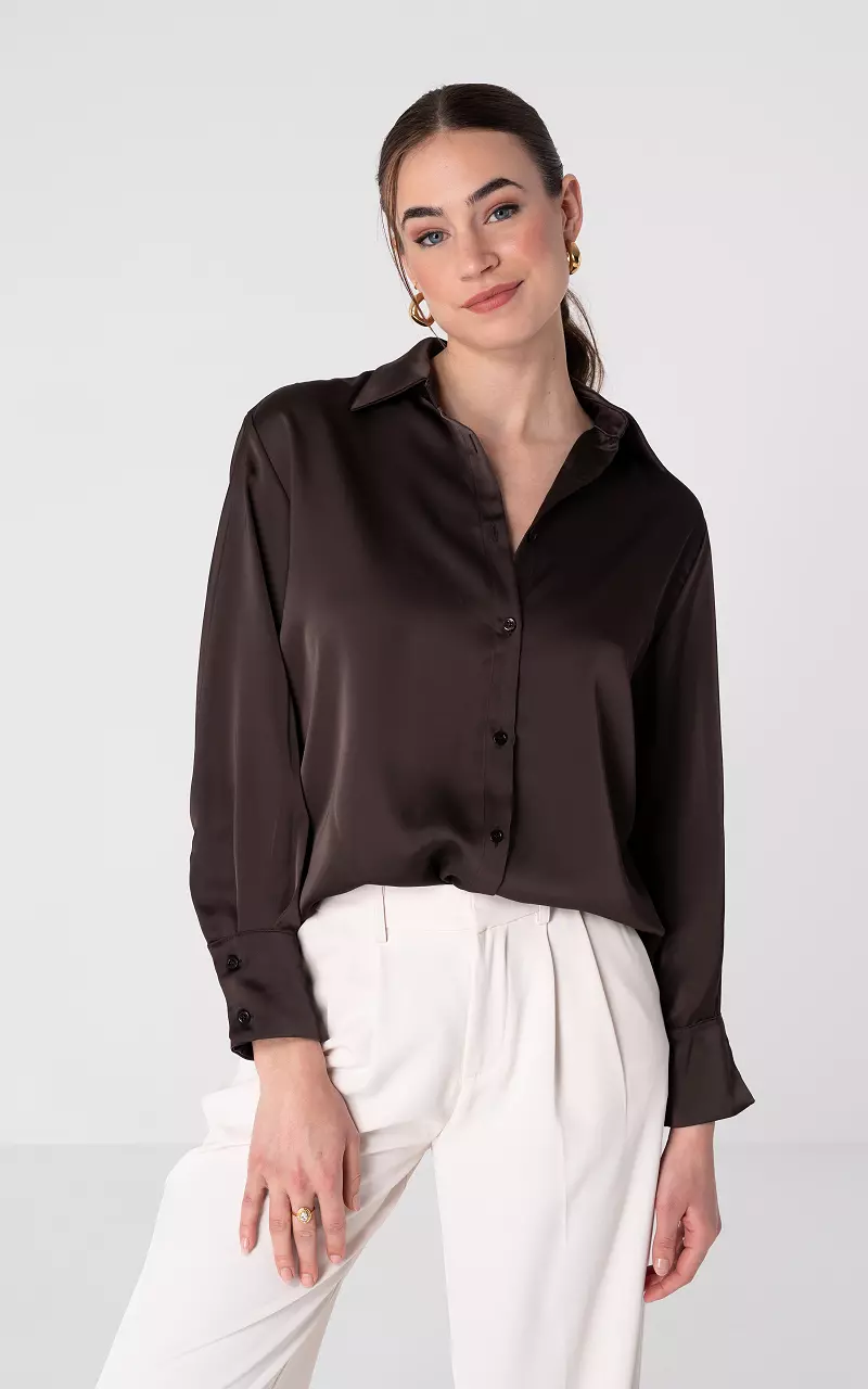 Satin look blouse with buttons Dark Brown