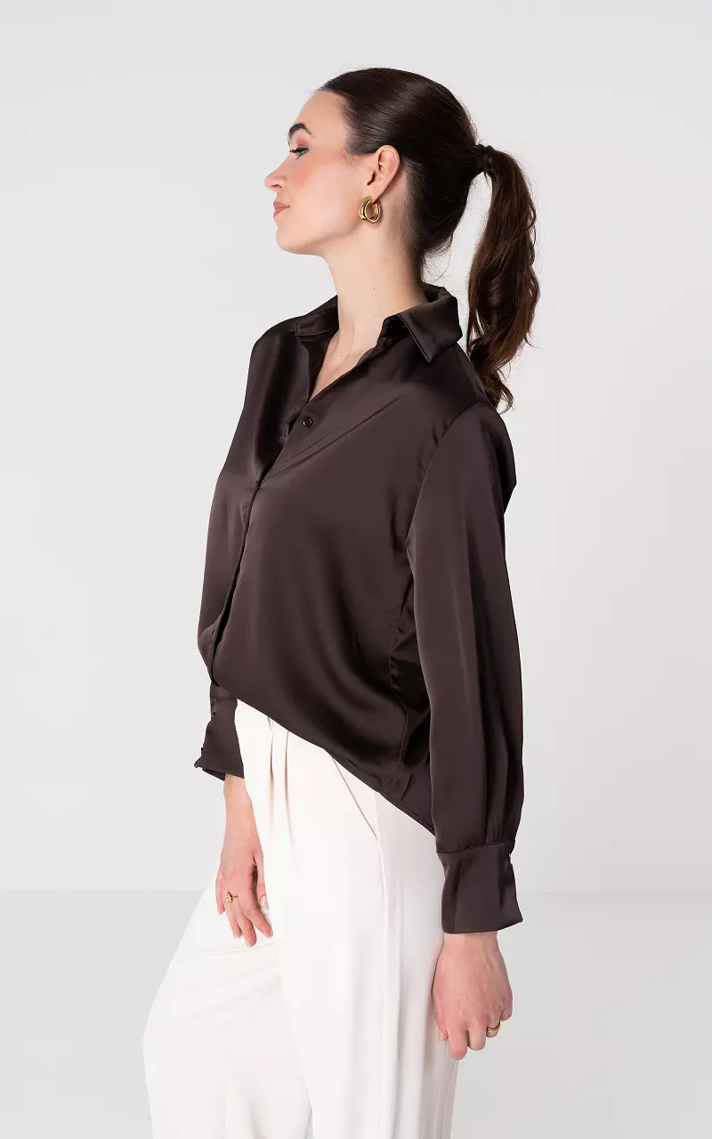 Satin look blouse with buttons Dark Brown