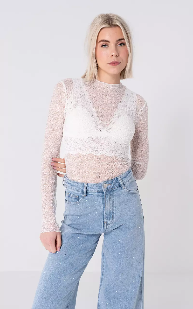 See-through top with round neck White