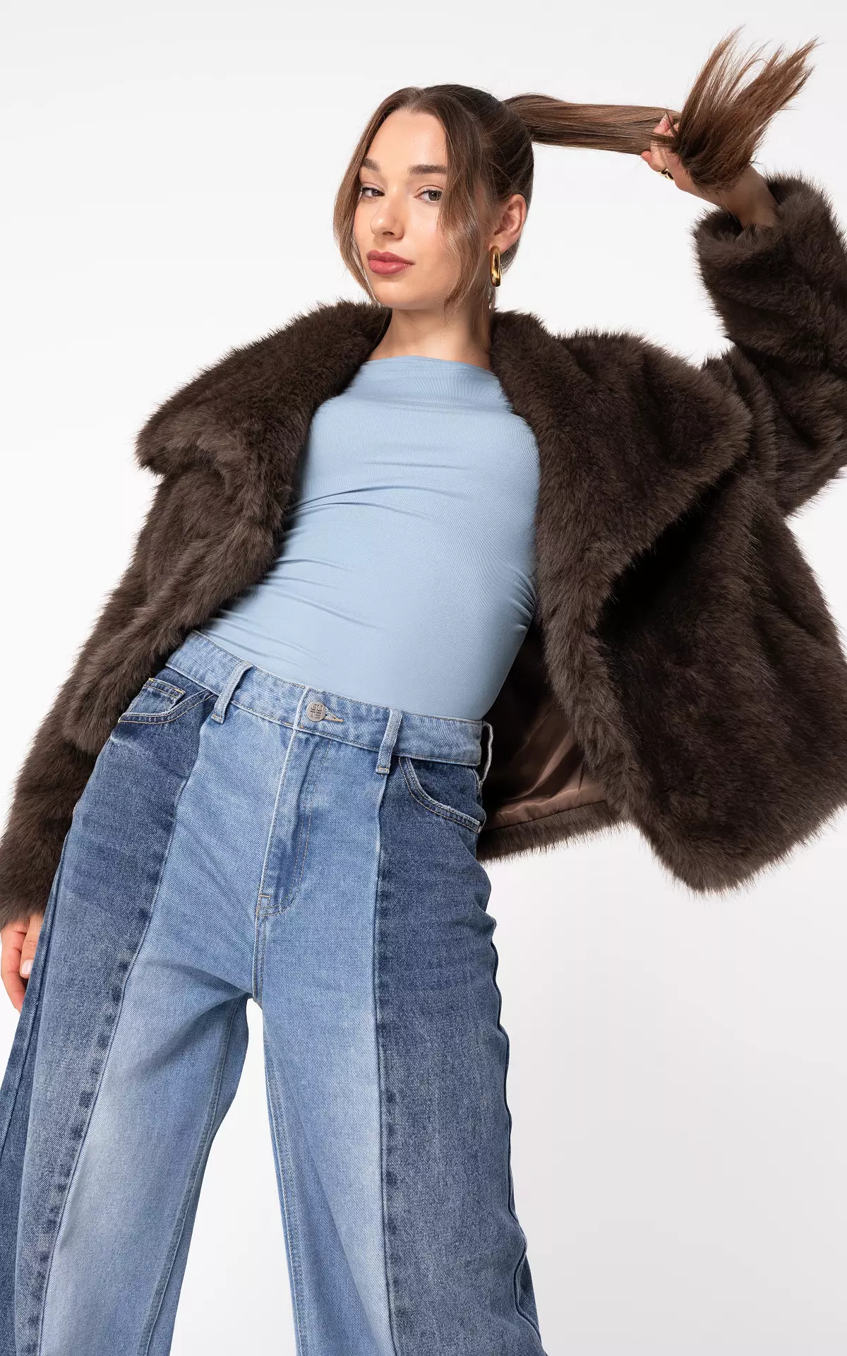 Fake fur jacket with press buttons - Dark Brown