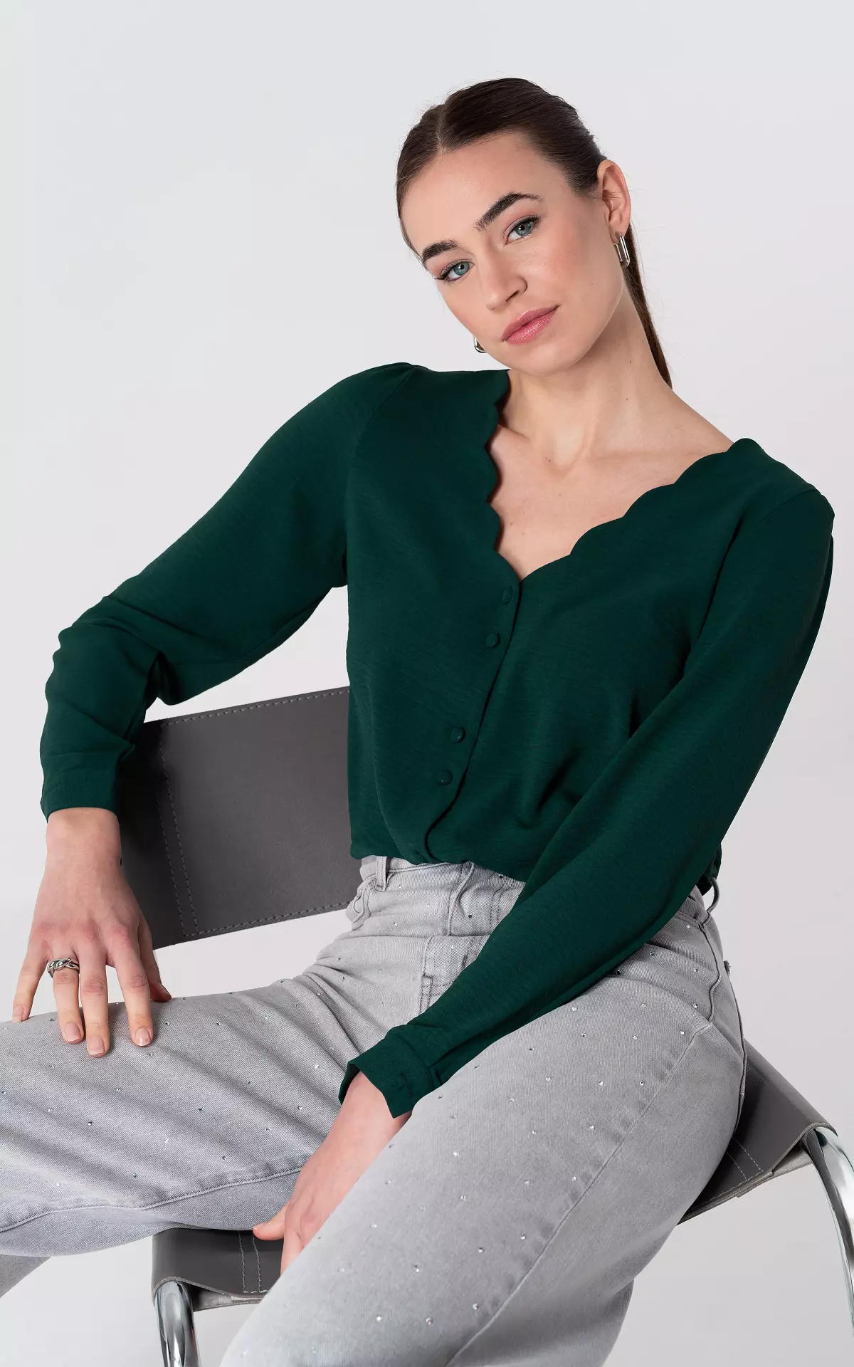 green v neck blouse