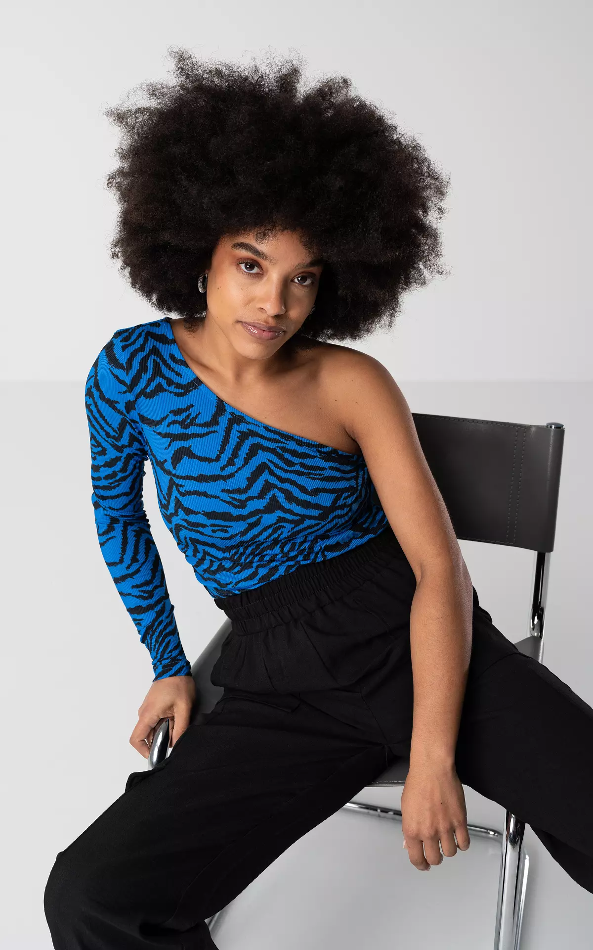 One shoulder zebra top Cobalt Blue Black Guts Gusto