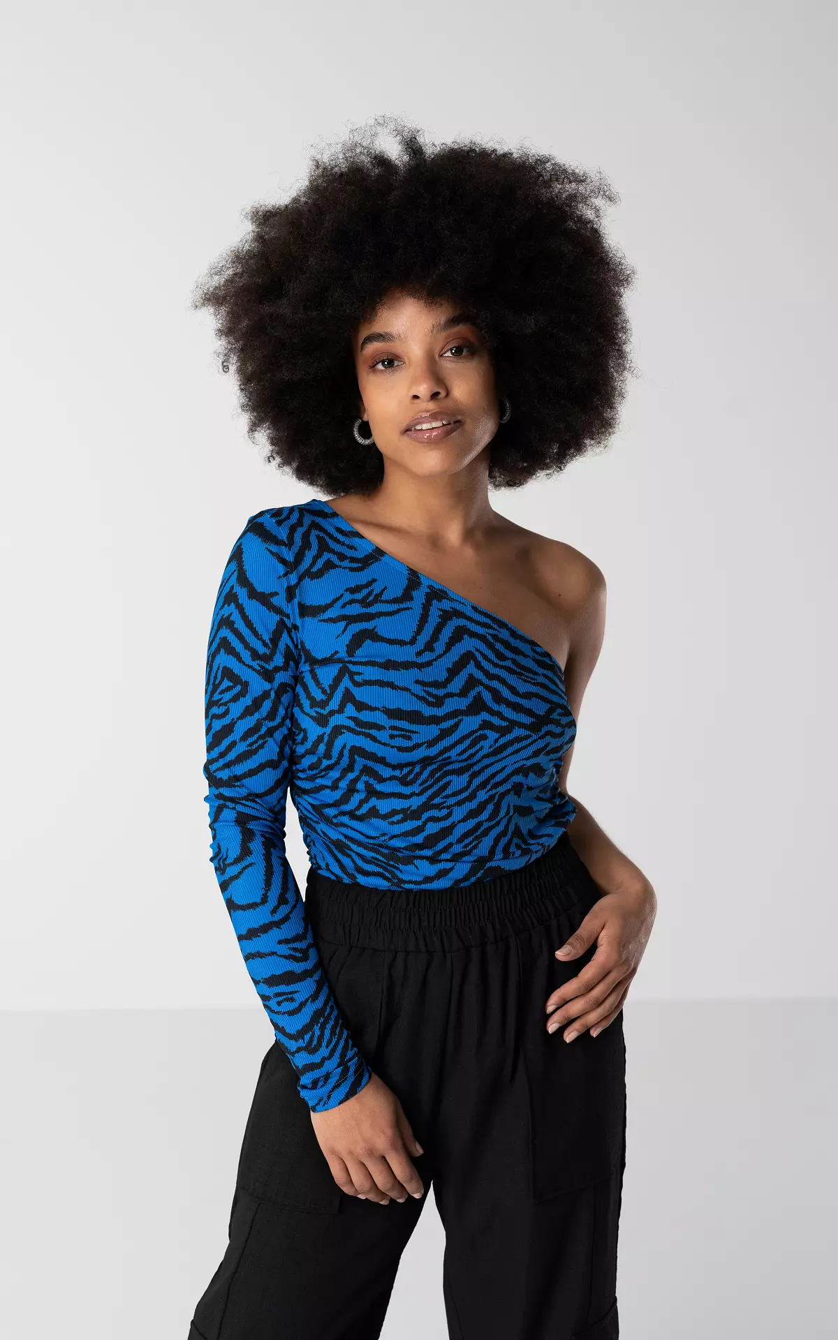 One shoulder zebra top Cobalt Blue Black Guts Gusto