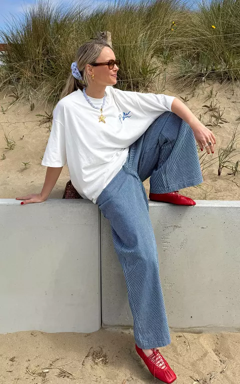 Wide leg broek met smalle streep donkerblauw wit