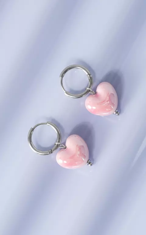 Oorbellen met hart zilver lichtroze