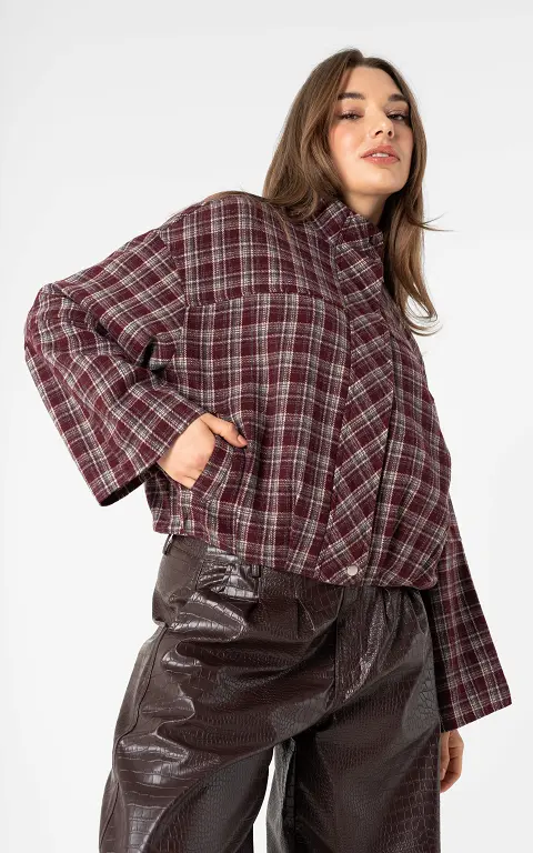Geblokte jas bordeaux beige