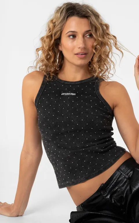 Archive top with rhinestones dark grey silver