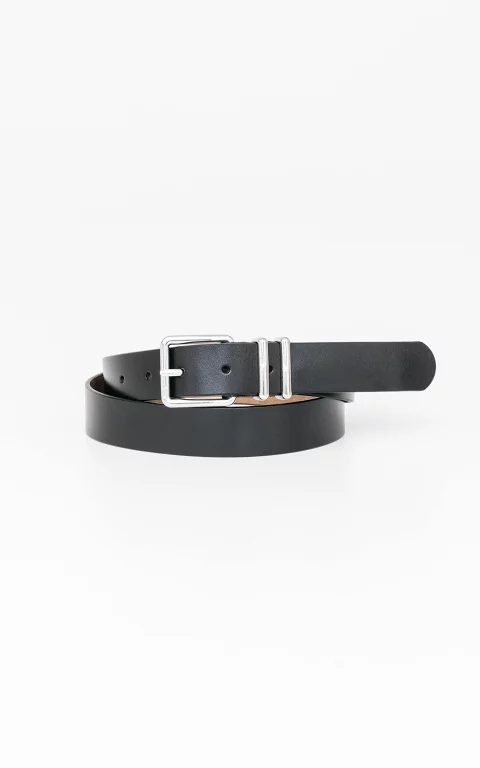 Leather belt with a square buckle black silver
