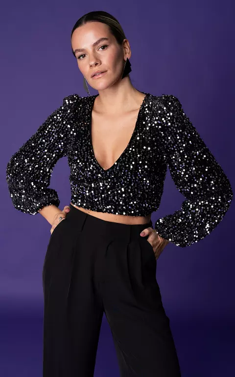 Crop Top mit Pailletten schwarz silber