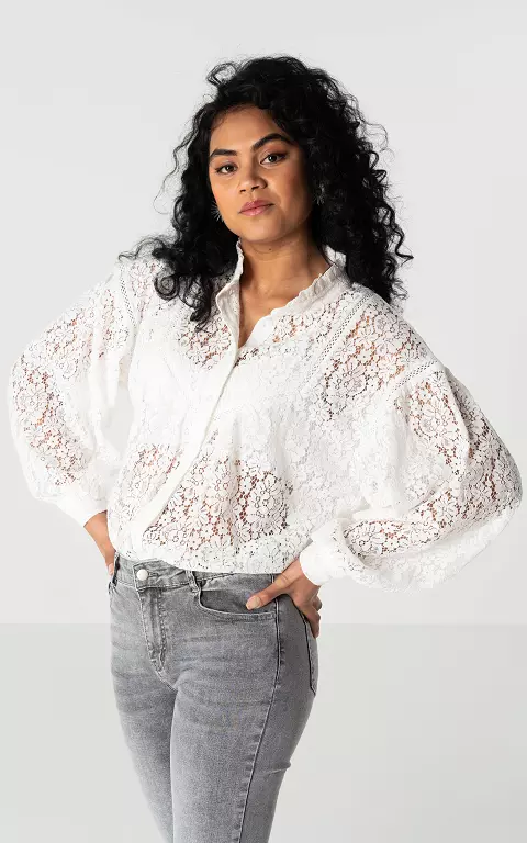 See-through lace blouse with buttons white