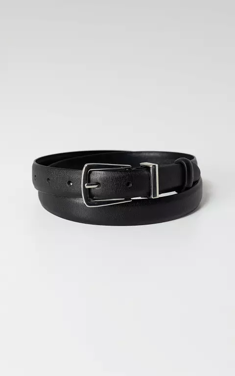 Leather belt with rectangular buckle black silver
