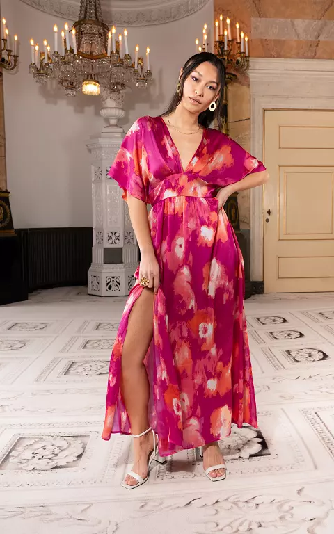 Maxi jurk met v-hals fuchsia roze