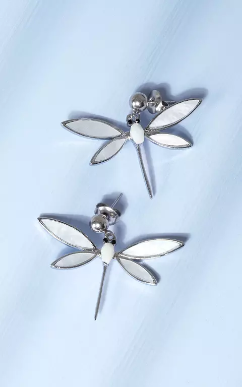 Earrings with dragonfly pendant silver white