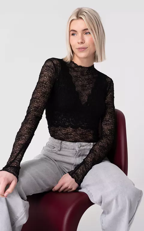 See-through top with round neck black