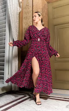 Maxi Kleid mit Gürtel und Beinschlitz | Schwarz Pink | Guts & Gusto