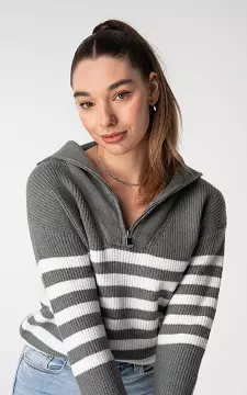 Zip sweater with stripes | Light Green White | Guts & Gusto